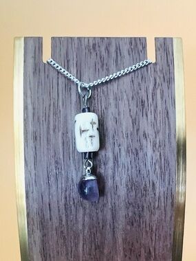 Silver plated Necklace with White Carved Bead and Purple Amethyst Drop